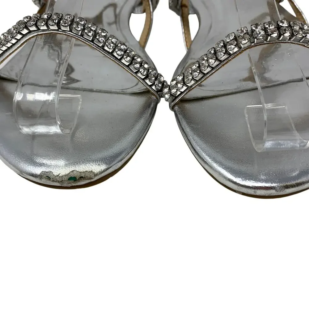 Badgley Mischka Silver Crystal Rhinestone Flat Sandals Womens Size 7 Slingback